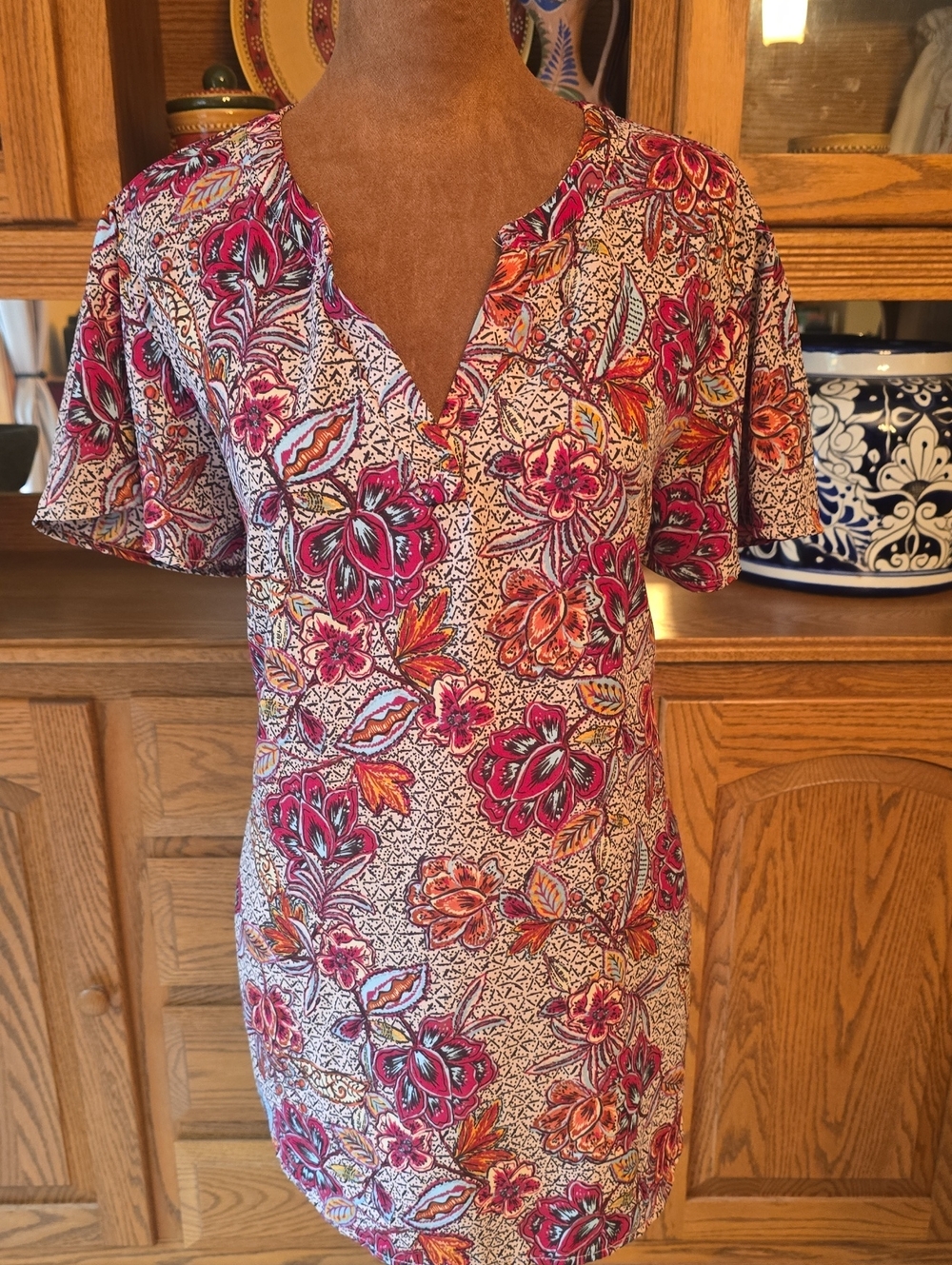 Maurices Floral Split-Neck Tunic in Pink & Orange